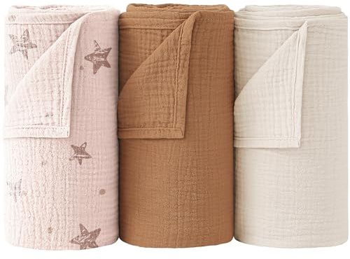 Bearmoss Baby Pucktuch Musselin Decke 100% Baumwolle Dünne Atmungsaktive Babydecke Baby Swaddle Decke Tücher für Junge und Mädchen 3 Stück 96x102cm (RosaPentagramm)