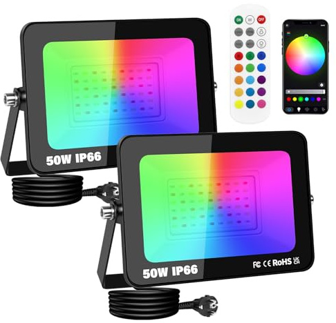 PICAA 2 pezzi 50W RGB Faretto LED da Esterno Proiettore 5000LM, Controllo APP Dimmerabile Cambio Colore Lampada, Fari Led Esterno per Giardino Palco Partito