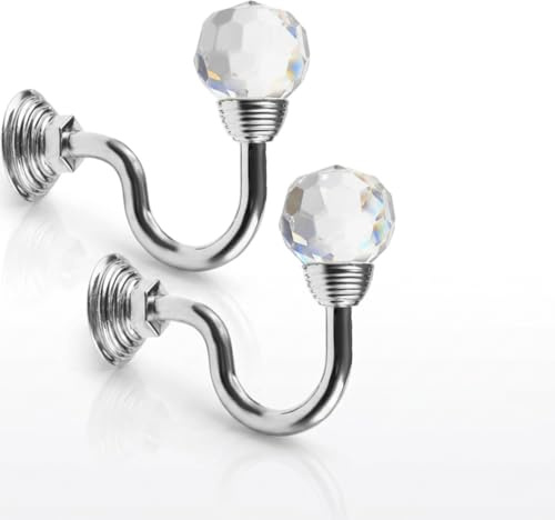 Curtain Holdbacks, 2 Pack U-Shaped Metal Curtain Tie Backs with Decorative Crystal Ball Finials, Heavy Duty Wall Mounted Drapery Hooks for Window Curtains, Drapes, Voiles & Home Decor (Silver)