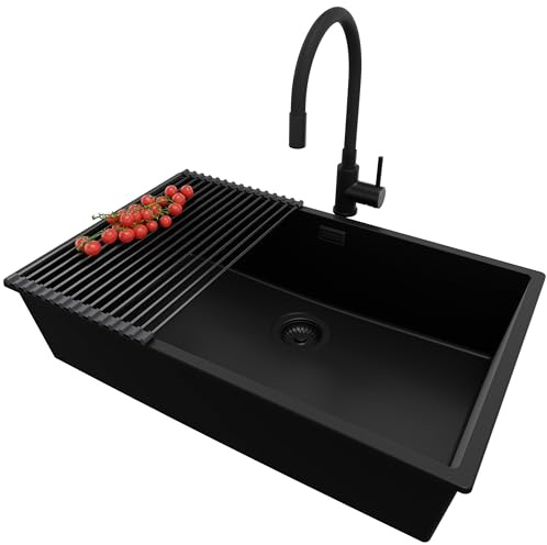 PRIMAGRAN Fregadero Granito al Mueble 80cm + Grifo, 76x47cm | Set: Grifo BW6020 + Kit de desagüe + Enrollable Escurridor + London Slim 1 Seno para Cocina, Todo Negro