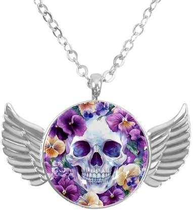 Luoweisi Angel Wings Necklace with Pansy Florals Skull, Aluminum Alloy Jewelry Gifts for Men Women