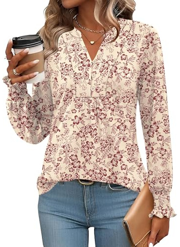 Rapbin Blus, dam, V-ringning, knappslå t-shirt, tunika, kortärmad topp, sommartoppar, elegant, avslappnad, Vit röd blommig långärmad, M