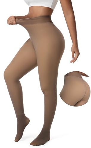 DIKER Medias Térmicas Mujer Invierno, medias termicas con Forro Polar, pantys termicos mujer de Alta Elasticidad y Cintura Alta, Largo Extra (Marrón claro)