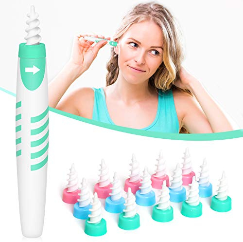 Ear Wax Remover, Ear Cleaner, Spiral Soft Silicone Ear Wax Removal Tool with 16 Washable Tips, for Children and Adults