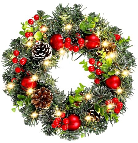 Anneome Weihnachtskranz PVC Roter Beerenkranz mit LED Lichtern Leichte Weihnachtsdeko für Haustür Wand und Party Tragbar Festliche Fronttür Dekoration für Weihnachten