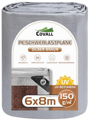 COVALL Lona 150g/㎡, Tamaño Pescado 6×8m, Cubierta de Lona Impermeable de Alta Resistencia con Ojales Reforzados, Suelo Resistente a los Rayos UV (Plata/Marrón)