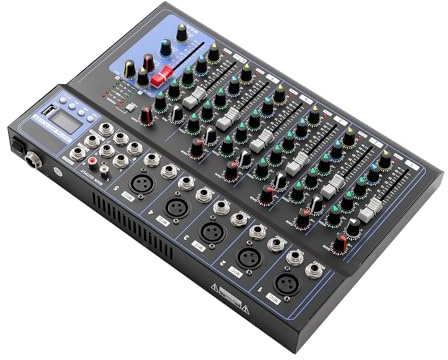 Audio Mixer 7 Kanal mit 48V Phantomspeisung Professioneller Mixer 20-20kHz Frequenzgang Metallgehäuse Studio Mischpult für Live-Musik & Aufnahme