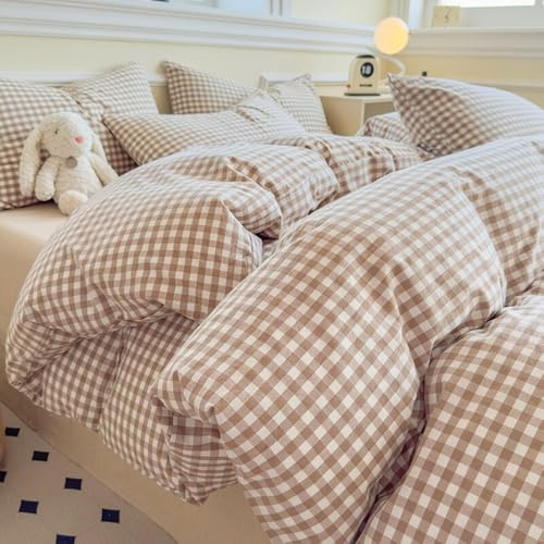 Bettwäsche 135x200 Braun Weiß Kariert Bettbezug Set und Kissenbezug 80x80 | Mädchen,Landhausstil,Gingham,Vintage,Bettwäsche-Sets,ÖKO-TEX,Mikrofaser,Einzelbett,Wendebettwäsche,2teilig,Reißverschluss