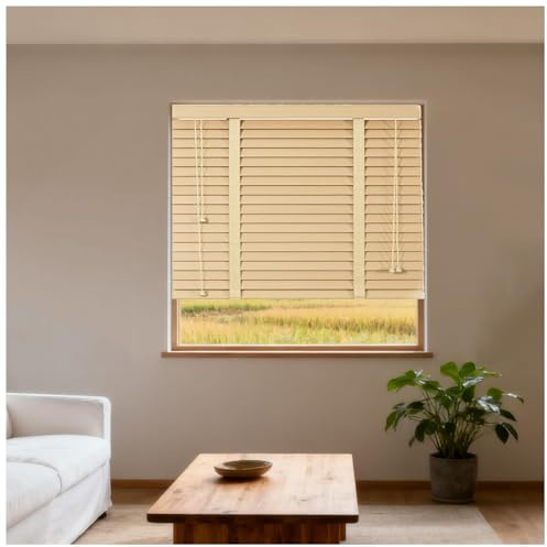 WZDXFNLD Persianas Venecianas de Madera Maciza 35 65 85 115 145 175 185 195 205 215 cm Anchas, Estores Oscurecedoras Horizontales Listones 50mm, Cortinas Privacidad para Casa Bano Cocina(Beige)
