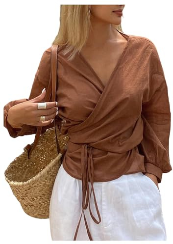 SweatyRocks Women's Dressy Casual Wrap Blouses Tie Side V Neck Bishop Long Sleeve Shirt Tops Brown Medium