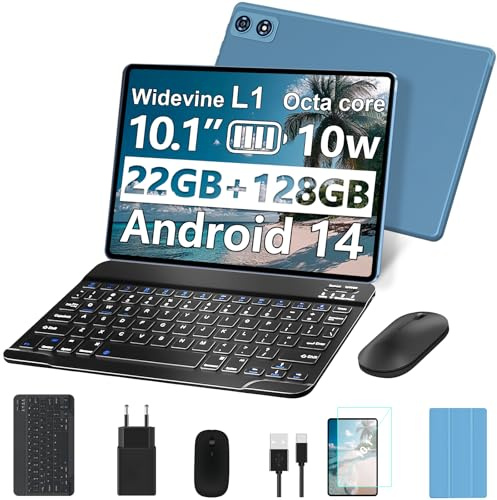 fezawio Android 14 Tablet 10 Zoll 22GB RAM+128GB ROM Octa-Core Tablet 5G WiFi, Mit Tastatur Maus, 8000mAh, (1TB TF) Mit HüLle-Blau