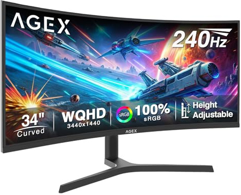 Z-Edge AGEX Böjlig Spel Datorskärm 34 Tum 240Hz, 3440x1440, Höjjusterbar 115mm, UWQHD Ultrawide 21:9, 1500R VA, 1ms, FreeSync, 4000:1, PIP PBP, 2×DP1.4, 2×HDMI2.1, VESA (DP-kabel ingår) | AG34P Ultrawide 21:9 Böjd skärm 1500R UWQHD, 1 ms MPRT, 350 cd/m² ljusstyrka, Adaptive Sync, PiP PbP