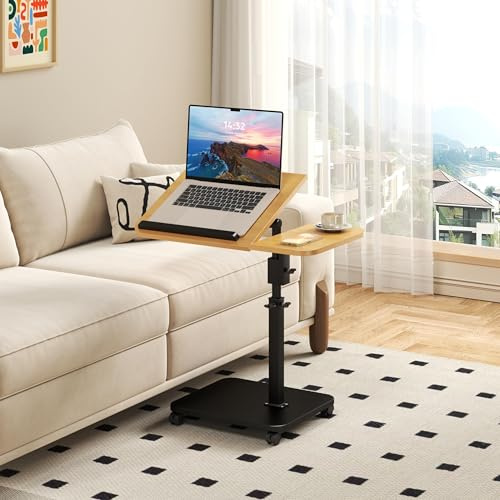 C-Shape Side Table, Height Adjustable 360° Swivel 180° Flip Bedside Table with Slat for Sofa Bathtub, Laptop Stand TV Coffee Sofa Tray End Table for Living Room Bedroom Bedside Couch Wood Color