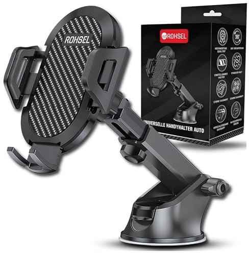 ROHSEL Handyhalterung Auto mit extra starkem Saugnapf - 360° drehbar, Teleskoparm, stabil & verstellbar - für Windschutzscheibe & Armaturenbrett - kompatibel mit iPhone, Samsung, Huawei