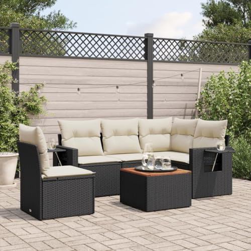 Keeushr Set di 6 divani da giardino con cuscino, nero, in polyrattan, modulare con tavoli pieghevoli e tavolo in legno di acacia, in rattan sintetico, per esterni, terrazza, giardino