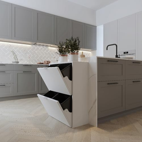 Ease Mülleimer Küche 4 Fächer, 4 x 10L Recycling Große Abfalleimer aus Kunststoff Mülltrennsystem, Recycling Schrank für Mülltrennung, Mülleimerschrank für Küche Wohnung Büro, Weiß 1