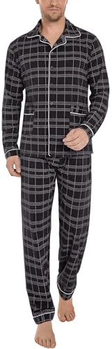 iClosam Pyjama Homme Long Coton Deux Pièces à Carreaux avec Boutons | Pyjama Homme Hiver, Chaleur Modérée, Haut Boutonné, Pantalon Droit, Motifs Classiques, Soirées Fraîches, Repos à La Maison