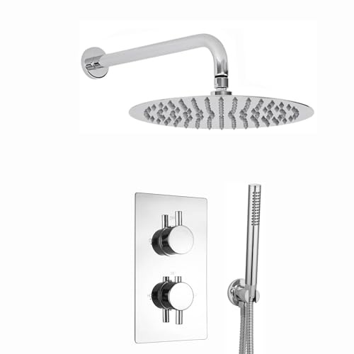 ENKI SH0062 Naples Thermostatic Concealed 2 Outlet Shower System, Chrome | Solid Brass, 10-Year Guarantee, Anti-Limescale Nozzles, Swivel Spout, Stainless Steel, Rainfall Shower Head, Handset & Hose