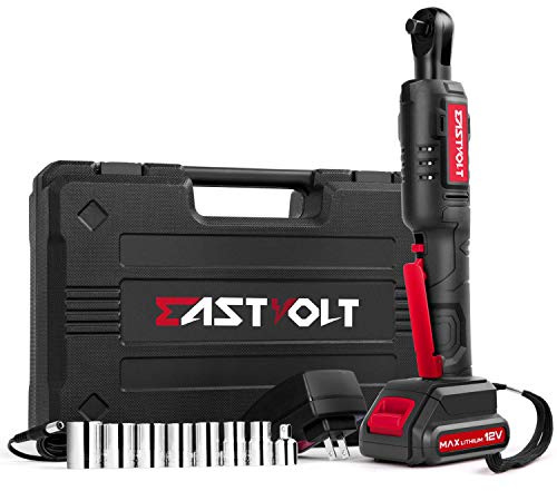 Eastvolt Juego de llaves de carraca eléctricas inalámbricas de 12 V, kit de herramientas de llave eléctrica de 3/8 pulgadas, 35 pies de libras, con cargador rápido, batería de iones de litio de 2.0