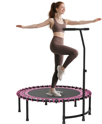 HOMCOM 45 Fitness Trampoline with Adjustable Handle, Folding Rebounder Trampoline Mini Jumper for Indoor Exercise Workout, Support Up to 150kg, Pink