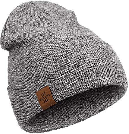 Wmcaps Classics Mütze Herren Damen, Unisex Wintermütze Beanie Leatherpatch Strickmütze, One Size, Geschenke für Männer Frauen (hellgrau)