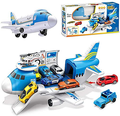 BAKAJI Playset Avión Garaje Juguete Niños Avión Plegable con 2 Coches Pista Aterrizaje Helicóptero Tobogán y Portón Trasero Abatible Cuidado en Cada Detalle