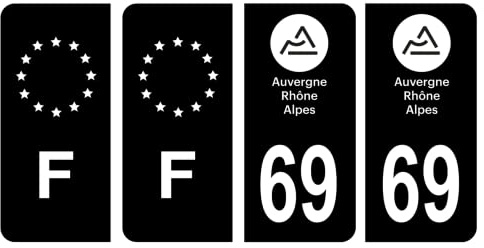 HADEXIA Nummernschild-Aufkleber, französisches Departement 69, Rhône, Region Auvergne-Rhône-Alpen, Schwarz und F, Frankreich, Europa, 4 Stück