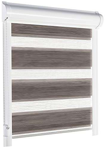 schattenfreu.de Doppelrollo mit Kassette nach Maß | Zum Ankleben ohne Bohren | Optional zum Anschrauben | Lichtdurchlässig | Für Fenster und Türen | Braun Naturoptik