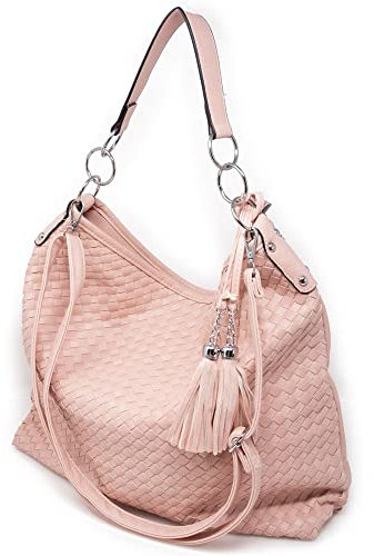 Emila Borsa donna rosa intrecciata a spalla capiente tipo hobo Shopping bag grande da tracolla shopper lavoro leggera gornaliera ufficio signora ragazza Rosa