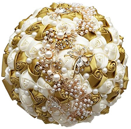 LiFBeauTiFuL Hochzeitsblumen Brautsträuße Schmuck Schmuck Schmuck Perlen Bouquet anpassbare Band Rosenbrautjungfern Hochzeit Bouquet Party (Color : 21cm Gold Ivory)