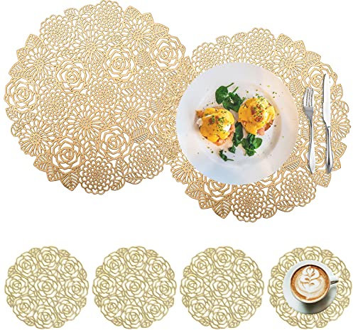 Spldsun Set of 6 Manteles Individuales Redondos y Posavasos, Manteles Individuales Redondos PVC, para Mesas Decorativas Antideslizantes, Antiarañazos (Dorado)
