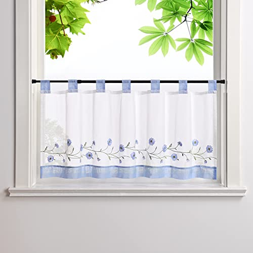 HeichkelL Bestickte Scheibengardine, Voile Kurzstores, Blau BxH 90x30 cm | Kurzvorhang mit Schlaufen, Pastorale Küchengardinen, Landhausstil Bistrogardine