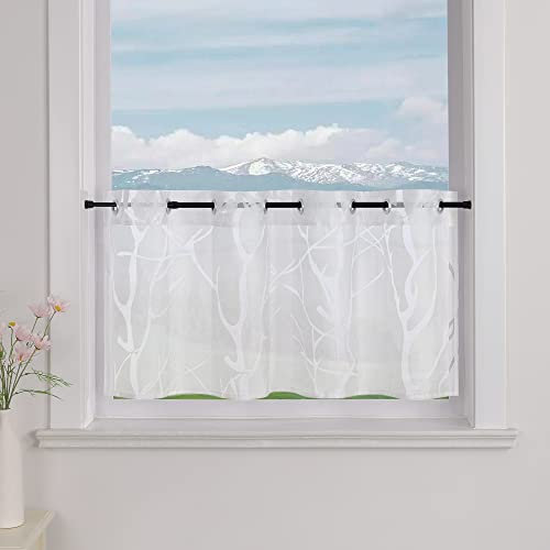Delien Voile Scheibengardine mit Ösen Bistrogardinen Landhaus für Küche Transparente Kurzstores Modern Gardine »Zweig« Klein Fenster Kurz Vorhang BxH 90x45cm,Weiß