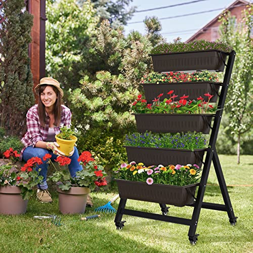 TOREVSIOR 5-stöckiges vertikales Hochbeet Ganden Vertikaler Garten Pflanzgefäß Outdoor mit abnehmbaren Rädern, 3 Schaufeln und 10 T-Etiketten enthalten, für Gemüse Blumen Kräuter Indoor Outdoor