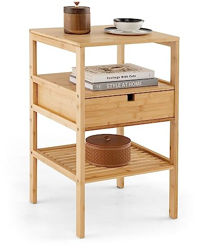 RELAX4LIFE Nachttisch aus Bambus, Beistelltisch mit 3 Ablagen & 1 Schublade, 3-stufige Nachtkommode, Couchtisch für Schlafzimmer Wohnzimmer Arbeitszimmer, 40 × 40 × 68 cm, Natur