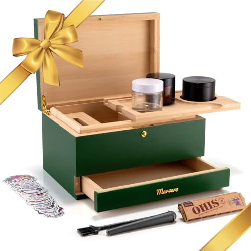 Marvero Large Bamboo Stash Box with Rolling Tray,Green | Magnetic Accessory Drawer, 2 Odor-proof Containers, Storage Tube with Cleaning Brush, Phone Holder,Paper Dispenser and Grind.