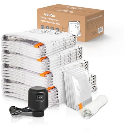 Wevac 20 Combo Vacuum Storage Bags Electric Pump Double Zip Seal | (4 Jumbo, 4 Large, 4 Medium, 4 Small, 4 Roll-Up) Special-Grip Clip, Ideal for Clothes, Blanket Compression and Travelling