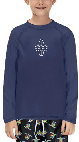 Glimnerize Camiseta de natación para chicos Rashguard de cuello redondo, manga larga, UV, transpirable, 104-152, Tabla de surf azul marino, 104 cm