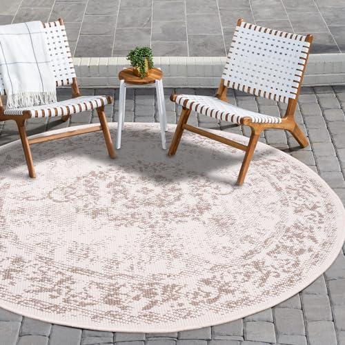 payé In- & Outdoor-Teppich - Creme Beige - 160x160cm Rund - Ornamente - Wendeteppich Wetterbeständig für Balkon Terrasse - Indoor Teppiche Wohnzimmer Küche