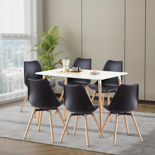 LafeuR Esszimmergruppe Esstisch mit 6 Stühlen, Rechteckig Küchentisch-Set Essgruppe für Küche Esszimmer und Wohnzimmer (Weiß Tisch+6 Schwarz Esszimmerstühle)