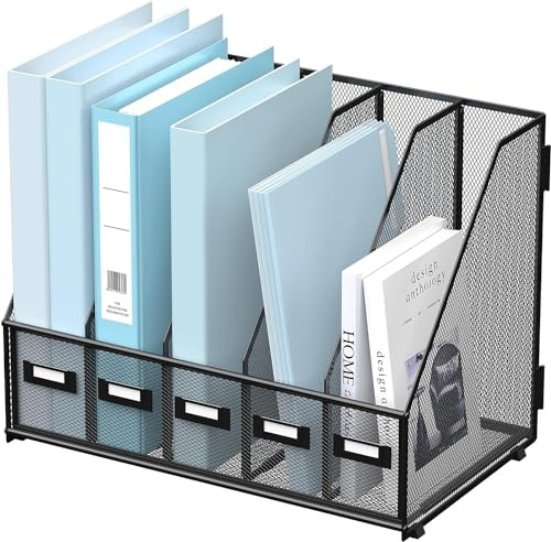 SUPTIDY Metallischer Schreibtisch Organizer mit 5 vertikalen Fächern (41.5 * 30.51 * 31.5 cm), Magazin Ständer für Büro, Homeoffice und Arbeitsplatz, Schwarz