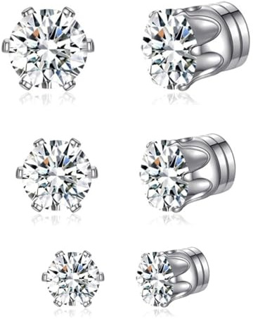 OIGWBPH 3 Pares Imán De Acero Inoxidable Pendientes Magnéticos para Hombres Mujeres Niñas - Falsos Circonita Clip Redondo No Perforado - Negro Plata Oro