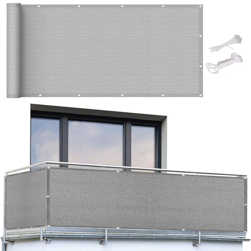 Balkon Sichtschutz Ohne Bohren 100 x 320 cm Blickdichte Windschutz Privatsphäre Balkonblende Sichtschutzmatte mit Kabelbinder Ohne Bohren Sichtschutz für Balkon, Grau