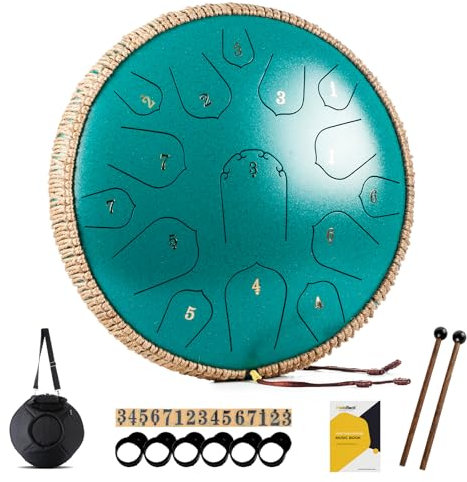 MeloBeat Zungentrommel 14 Zoll 15 Töne - Professionelles Steel Tongue Drum Handpan Set in D Dur inkl. Zungentrommel Liederbuch, Schlagzeug Sticks und Trommel Tragetasche (Grün)