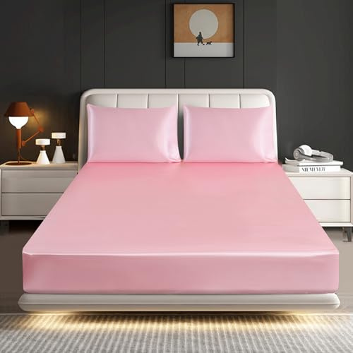 Hadi London Silk Satin Fitted Sheet Set with 2 pillowcases - Extra Deep 40cm Ultra-Soft, Available in Single, Double, King | Luxurious White Bedding and Multiple Colors (BABY-PINK, KING)