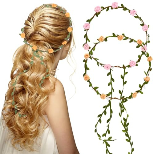 craspire Blumenkrone Blumengirlande 2 Farbe Orange Pink Stirnband Kopfbedeckung Boho Rosen Blumenkranz Kopfschmuck Reiseparty Hochzeit Festivals Für Brautfrauen Kopfbedeckung Haarschmuck Dekoration