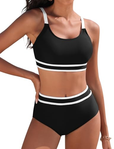 Yuson Girl Costume da Bagno Donna Due Pezzi Push Up Imbottito Reggiseno Bikini Donna Mare Regolabile Costumi da Bagno Scollo a U Patchwork a Righe Bikini Vita Alta Bikini da Spiaggia(Nero, XL)