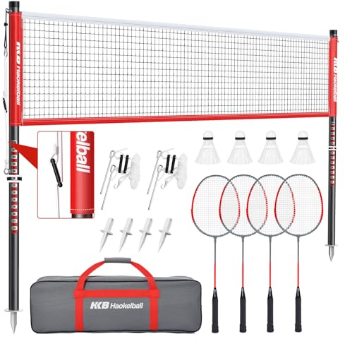 Haokelball Outdoor Badminton Net Set with Anti-Sag Winch System - 20ft Badminton Net, 4 Rackets, 3 Shuttlecocks & Carry Bag, Badminton Set for Backyard, Grass, Beach, Holiday Games