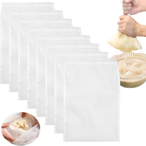 Aerzouser 8 Pièces Nut Milk Bag，30 x 20 cm，Sac à Lait Végétal en Nylon Avec Cordon de Serrage, Sac à Lait, étamine Alimentaire pour Filtrer le Lait de Noix, Les jus de Fruits et de Légumes (8 Pièces)
