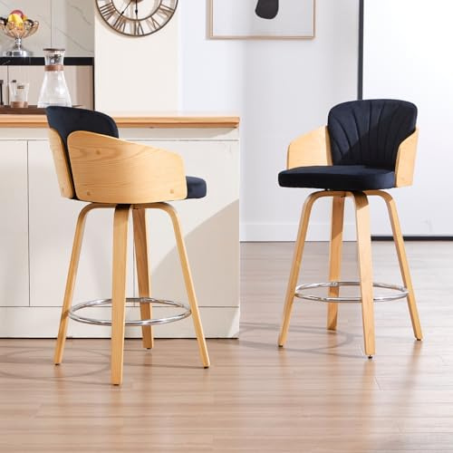 chairus 2er-Set Barhocker mit Holzrahmen, Drehbar, Fußstütze, Samt/Schwarz | Moderner Barstuhl mit Samtbezug, Massivholzbeinen und ringförmiger Fußstütze, 360°-Drehfunktion, für Hausbar oder Küche